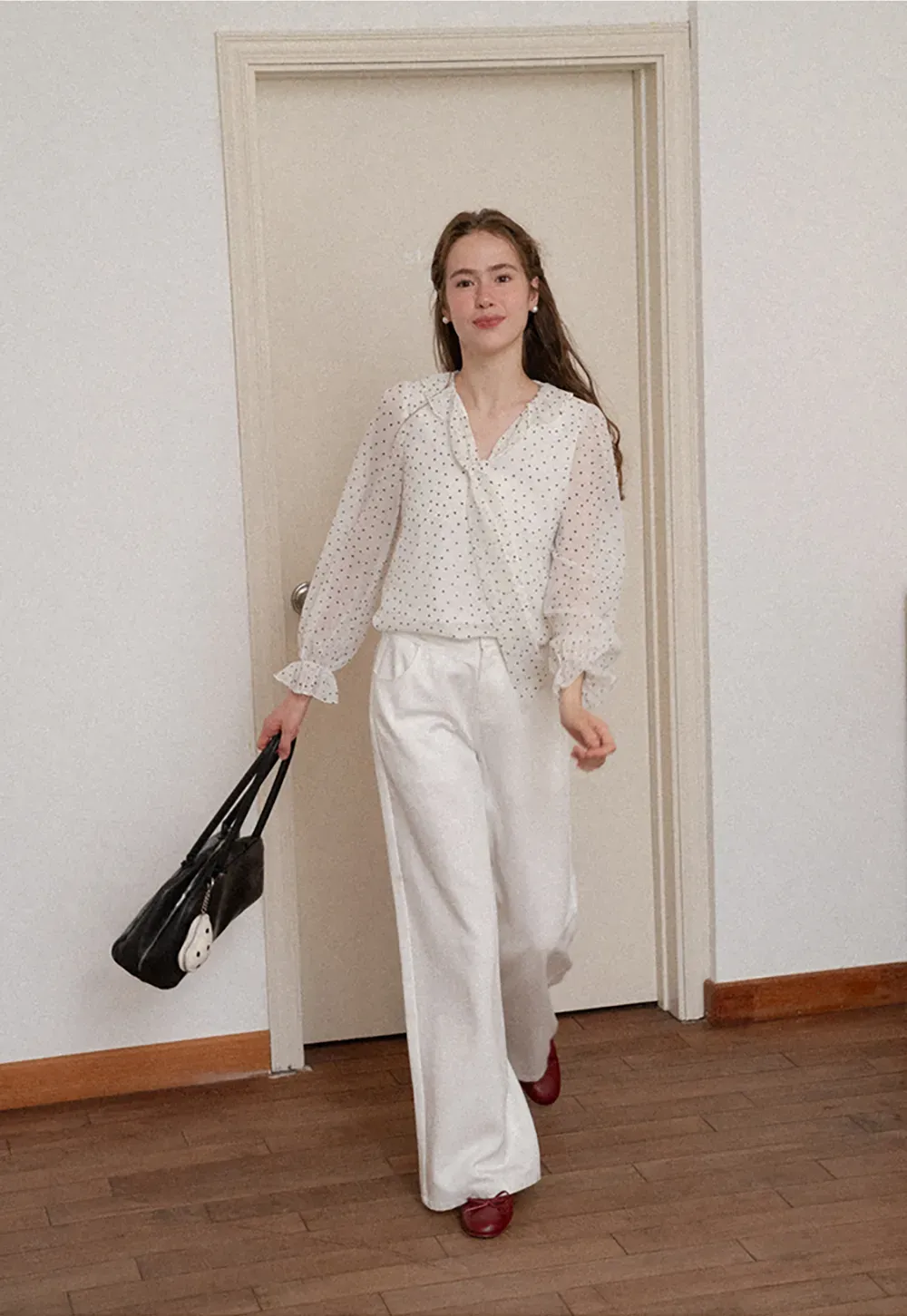 Polka Dot Sheer Blouse with Ruffled Collar and Tie Front