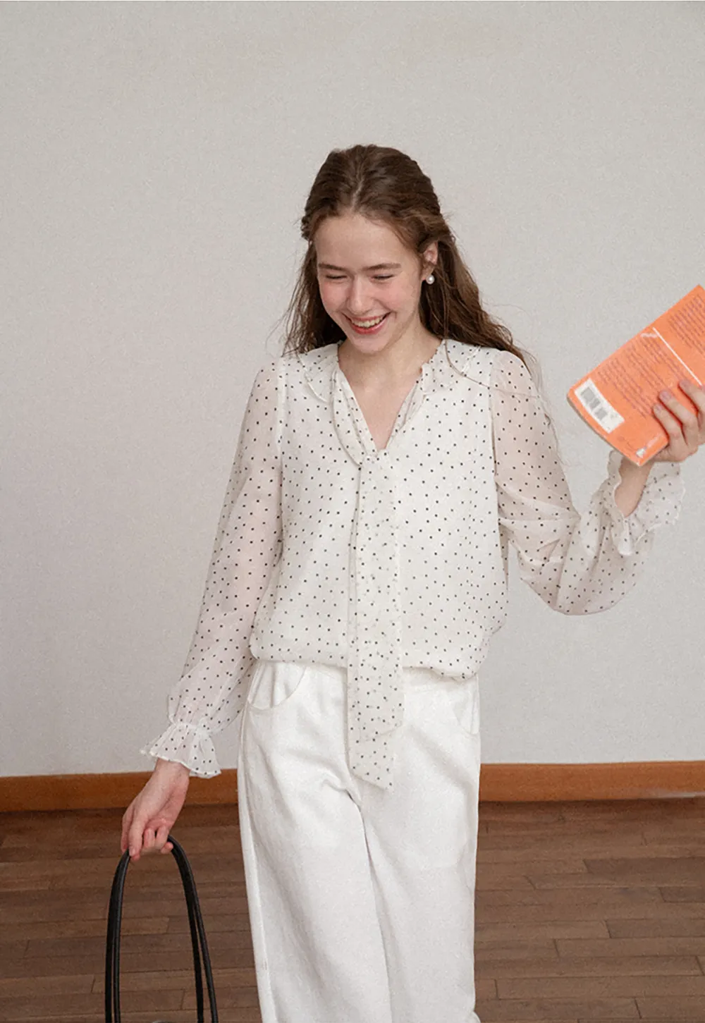 Polka Dot Sheer Blouse with Ruffled Collar and Tie Front