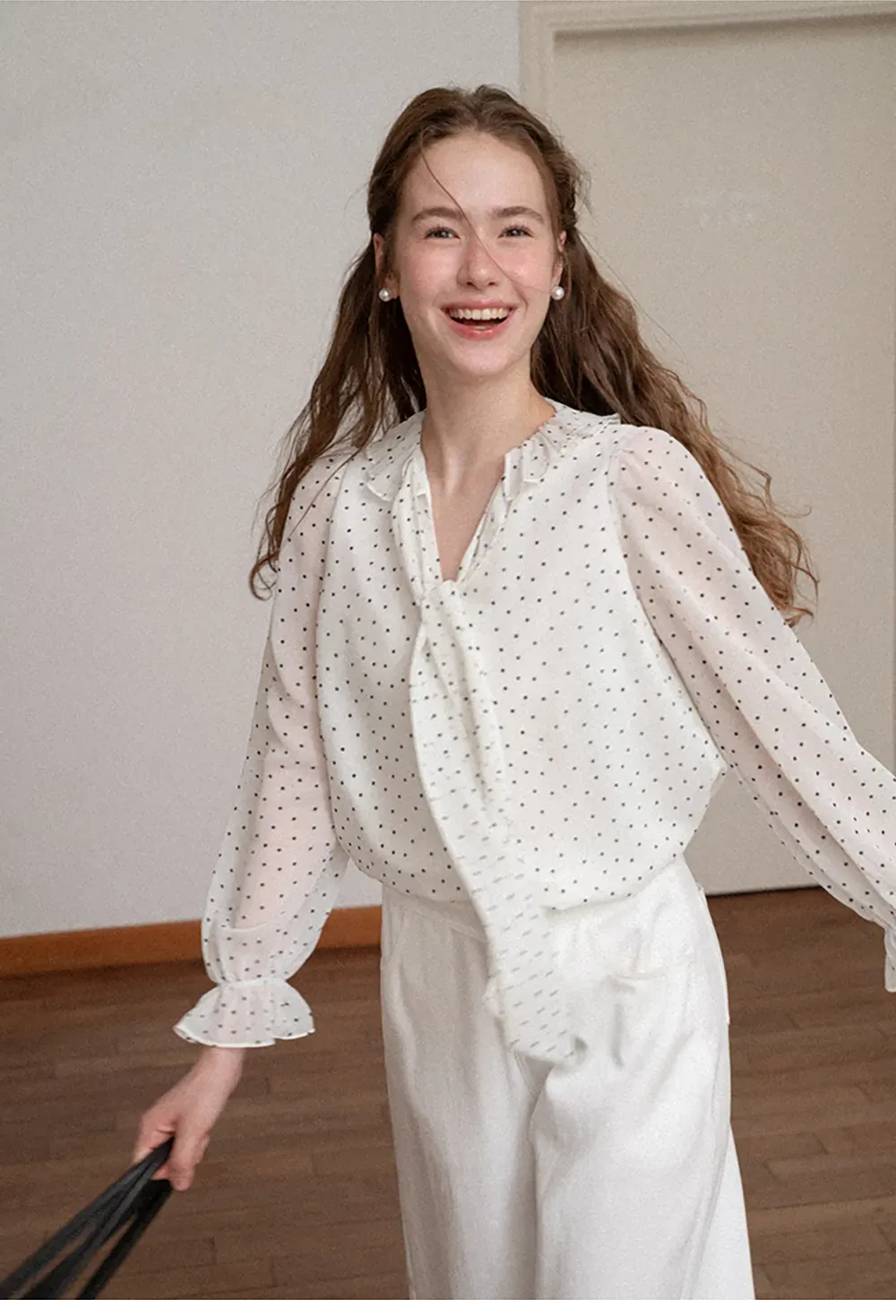 Polka Dot Sheer Blouse with Ruffled Collar and Tie Front