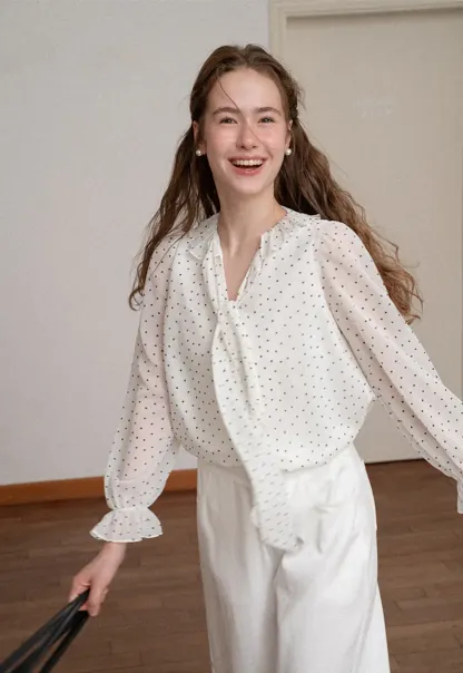 Polka Dot Sheer Blouse with Ruffled Collar and Tie Front