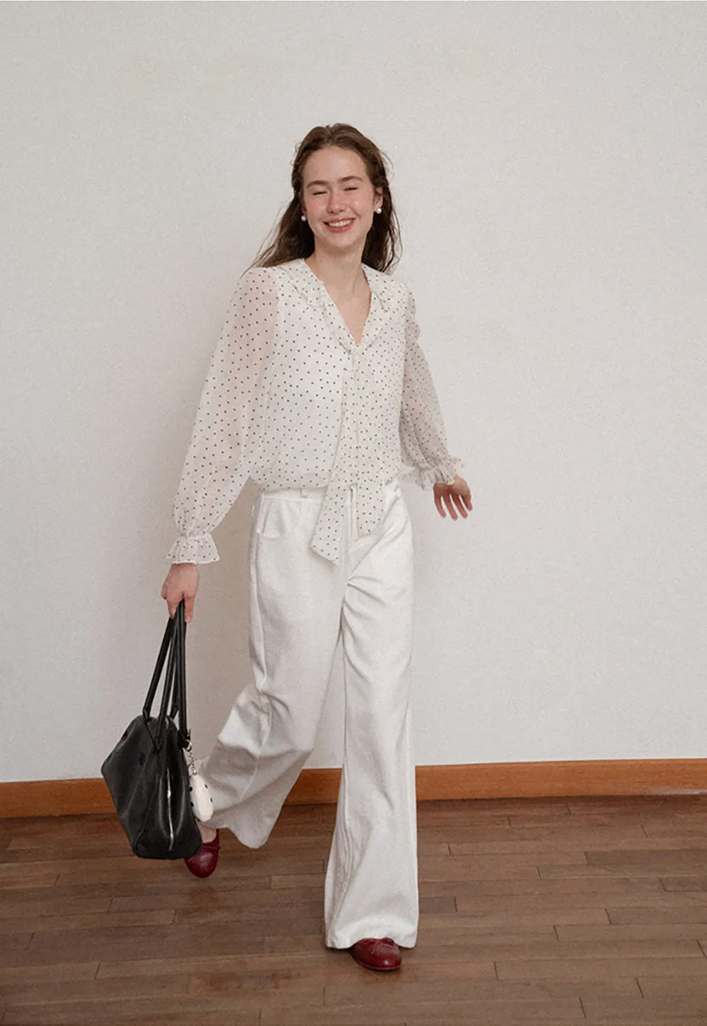Polka Dot Sheer Blouse with Ruffled Collar and Tie Front