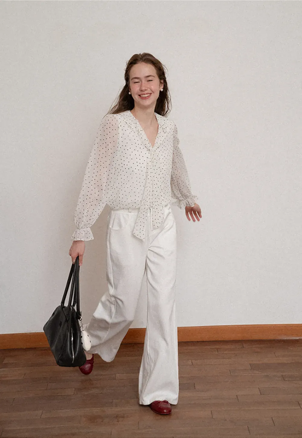Polka Dot Sheer Blouse with Ruffled Collar and Tie Front