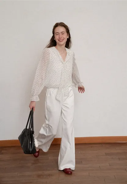 Polka Dot Sheer Blouse with Ruffled Collar and Tie Front