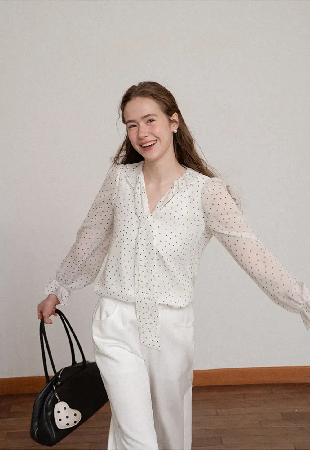 Polka Dot Sheer Blouse with Ruffled Collar and Tie Front