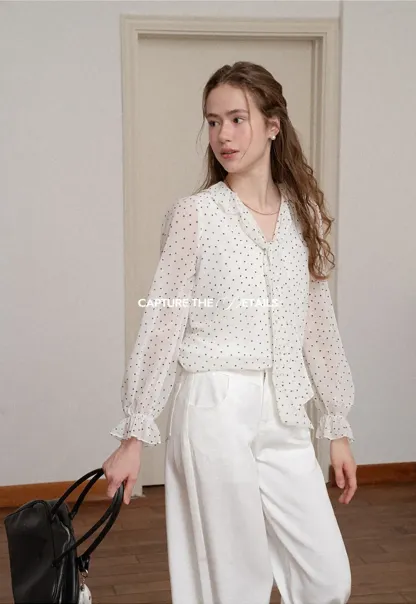 Polka Dot Sheer Blouse with Ruffled Collar and Tie Front