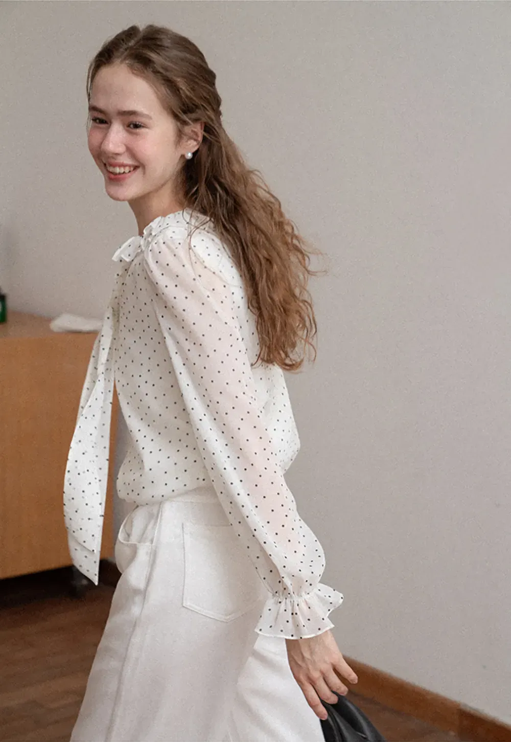 Polka Dot Sheer Blouse with Ruffled Collar and Tie Front