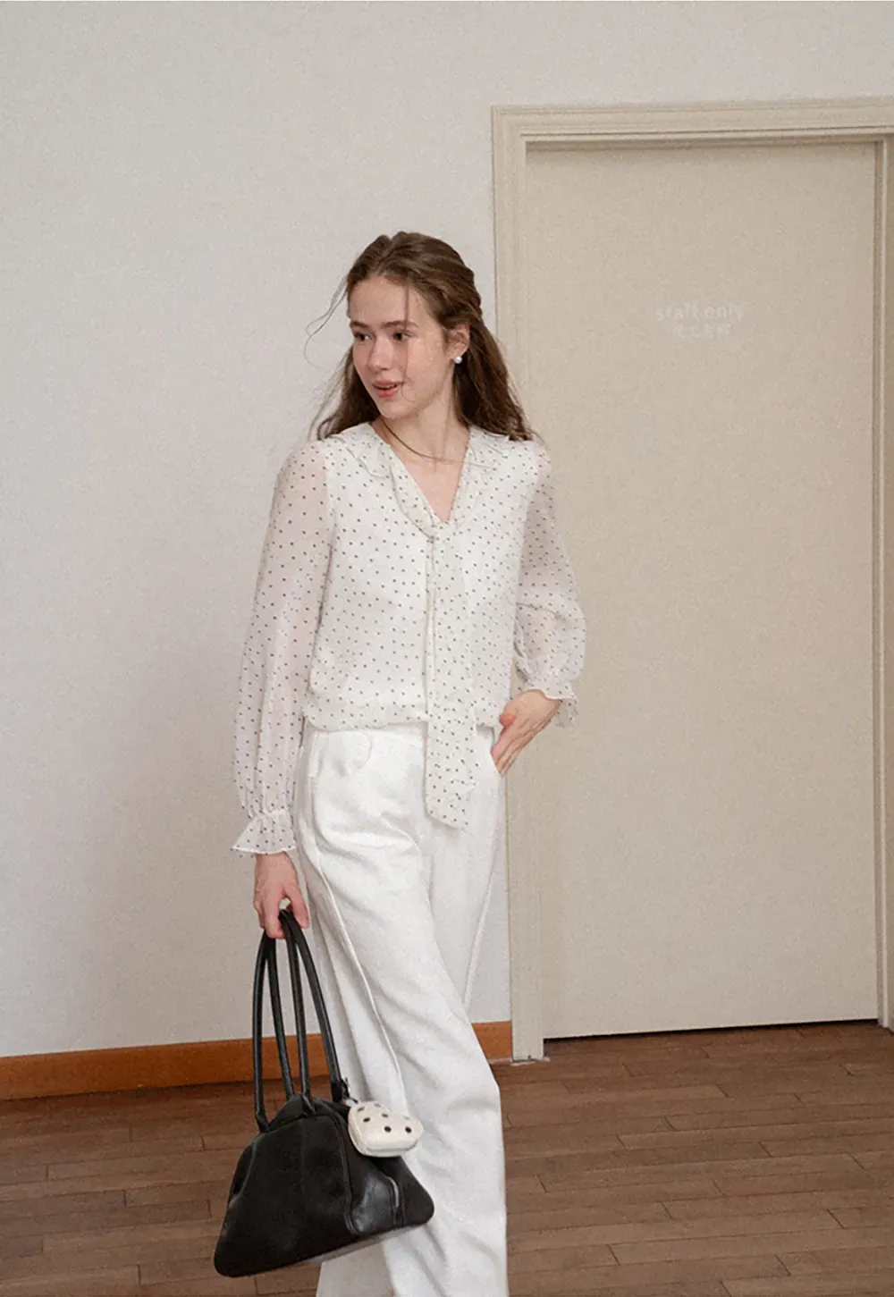 Polka Dot Sheer Blouse with Ruffled Collar and Tie Front