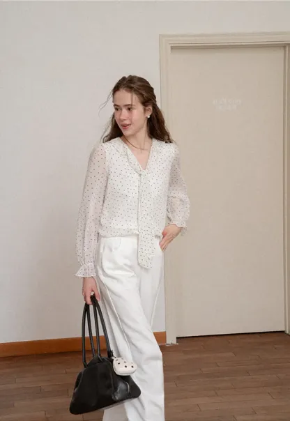 Polka Dot Sheer Blouse with Ruffled Collar and Tie Front
