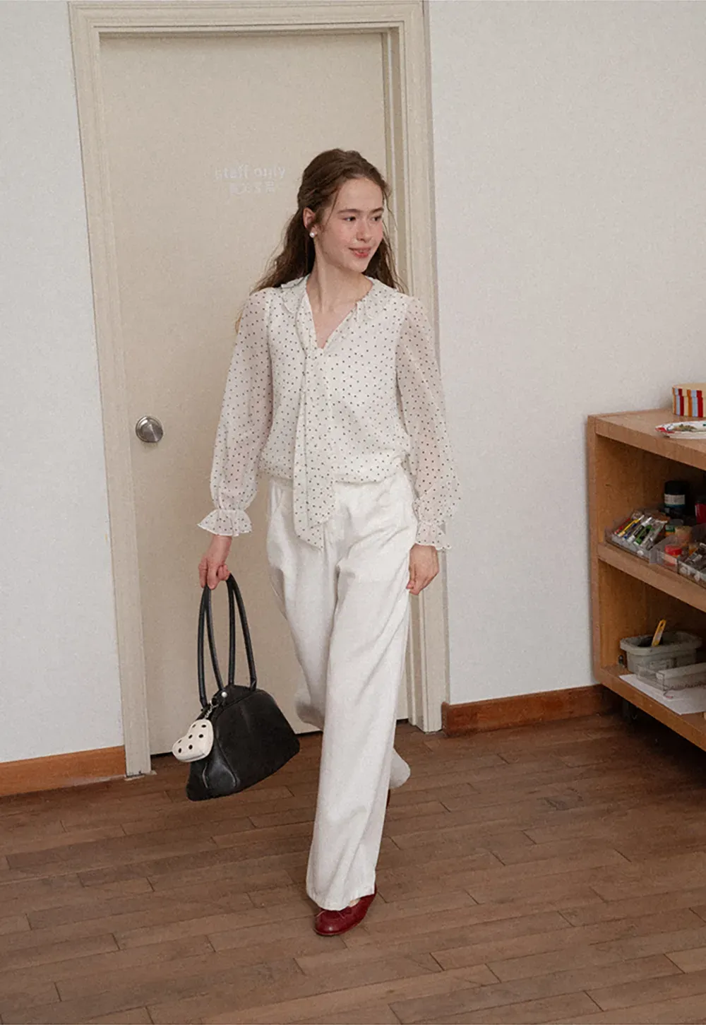 Polka Dot Sheer Blouse with Ruffled Collar and Tie Front