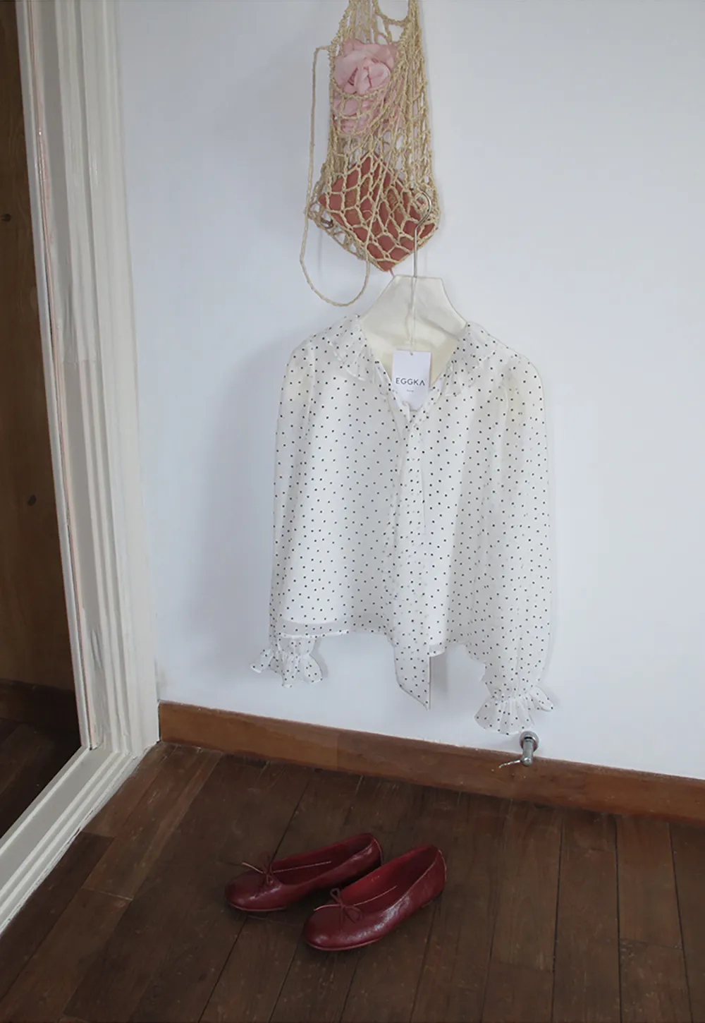 Polka Dot Sheer Blouse with Ruffled Collar and Tie Front