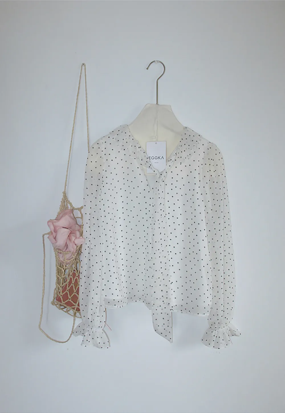 Polka Dot Sheer Blouse with Ruffled Collar and Tie Front