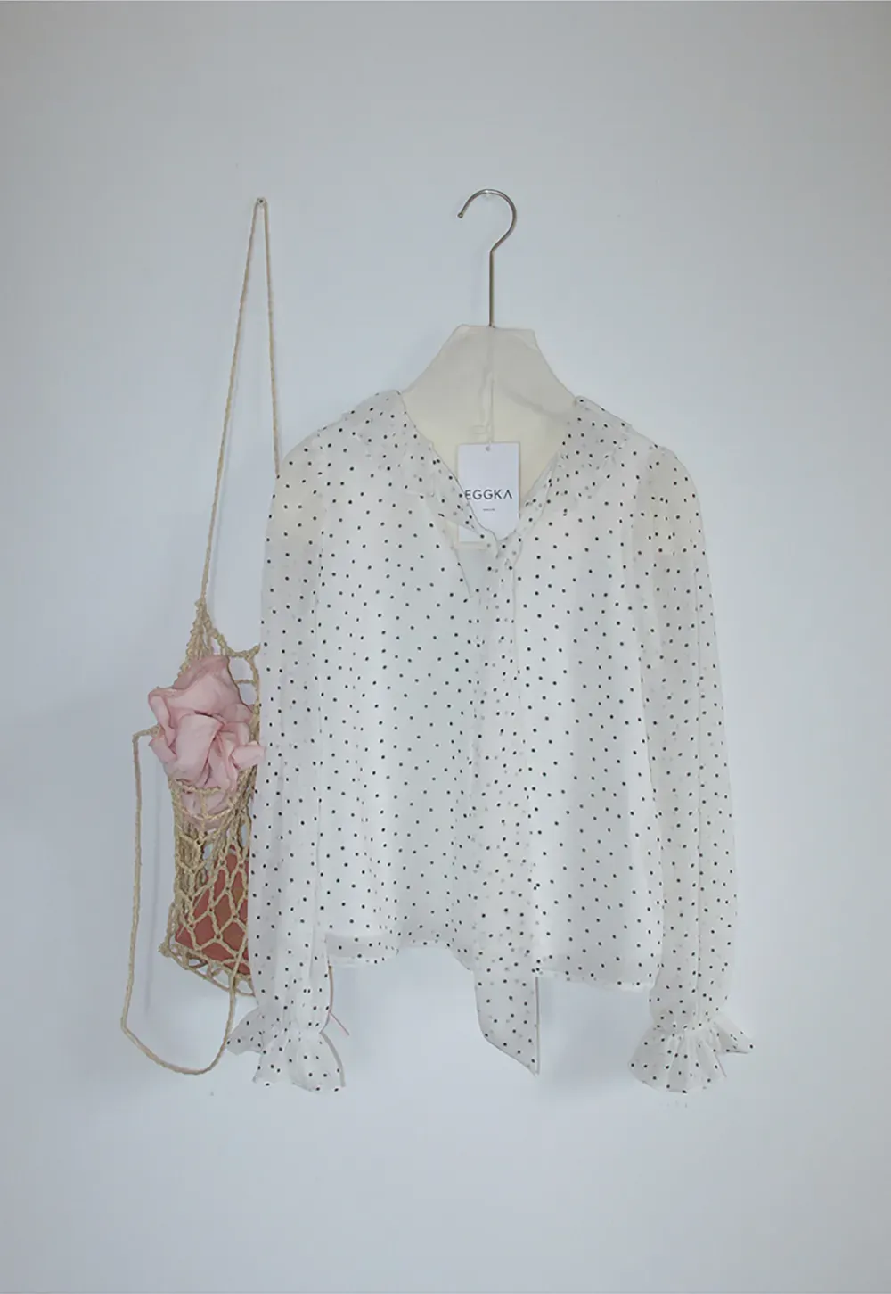 Polka Dot Sheer Blouse with Ruffled Collar and Tie Front