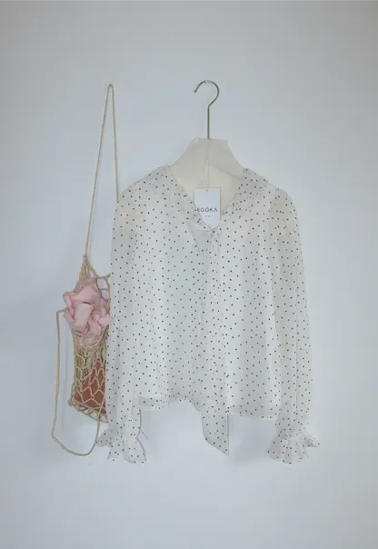 Polka Dot Sheer Blouse with Ruffled Collar and Tie Front