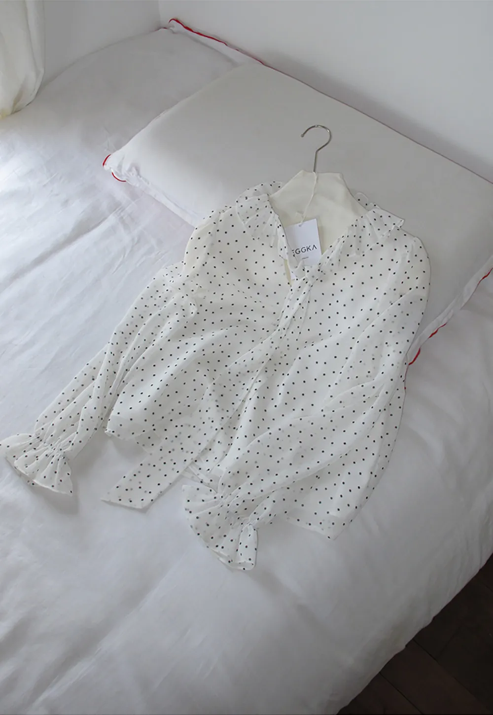 Polka Dot Sheer Blouse with Ruffled Collar and Tie Front