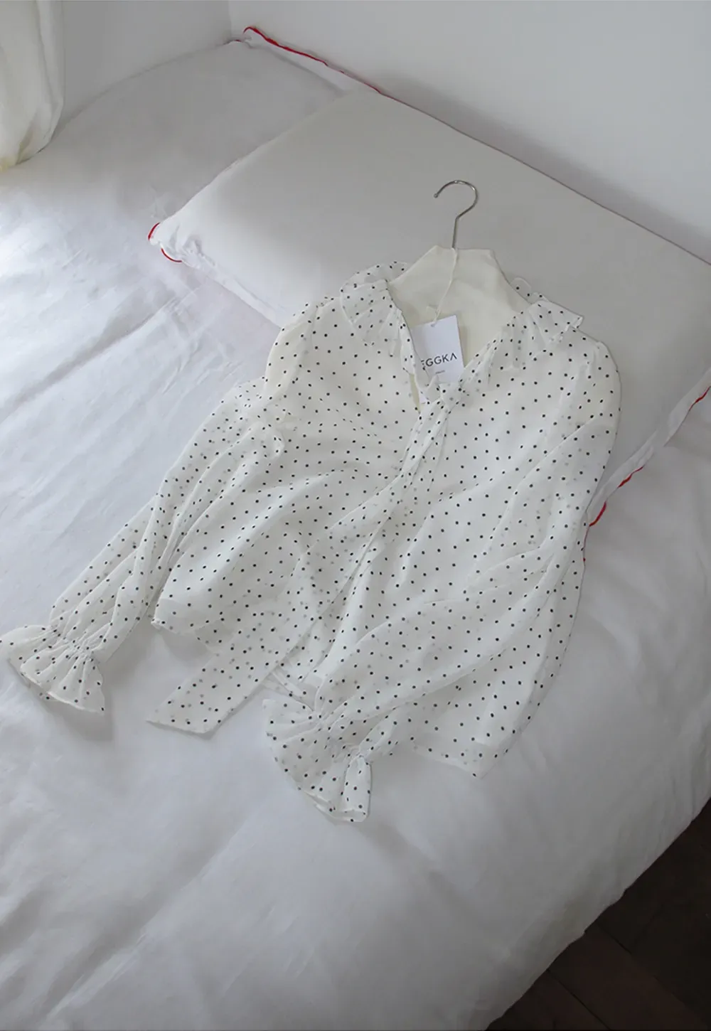 Polka Dot Sheer Blouse with Ruffled Collar and Tie Front