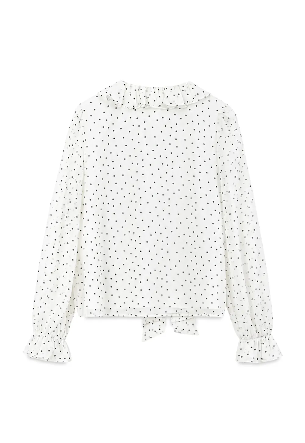 Polka Dot Sheer Blouse with Ruffled Collar and Tie Front