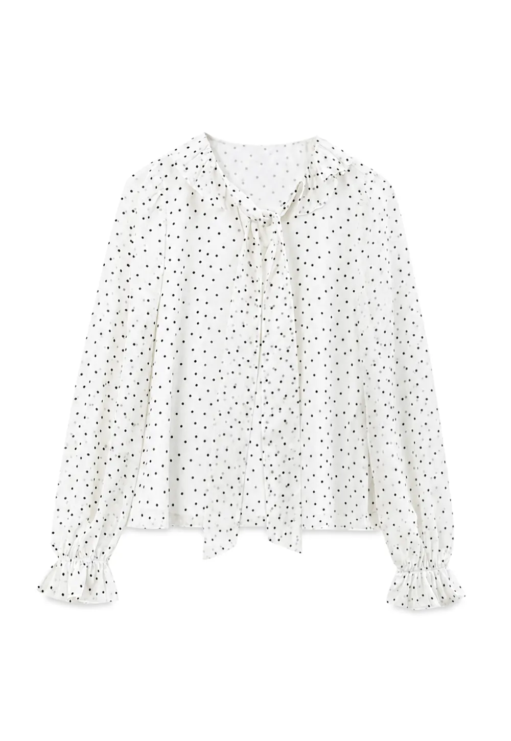 Polka Dot Sheer Blouse with Ruffled Collar and Tie Front