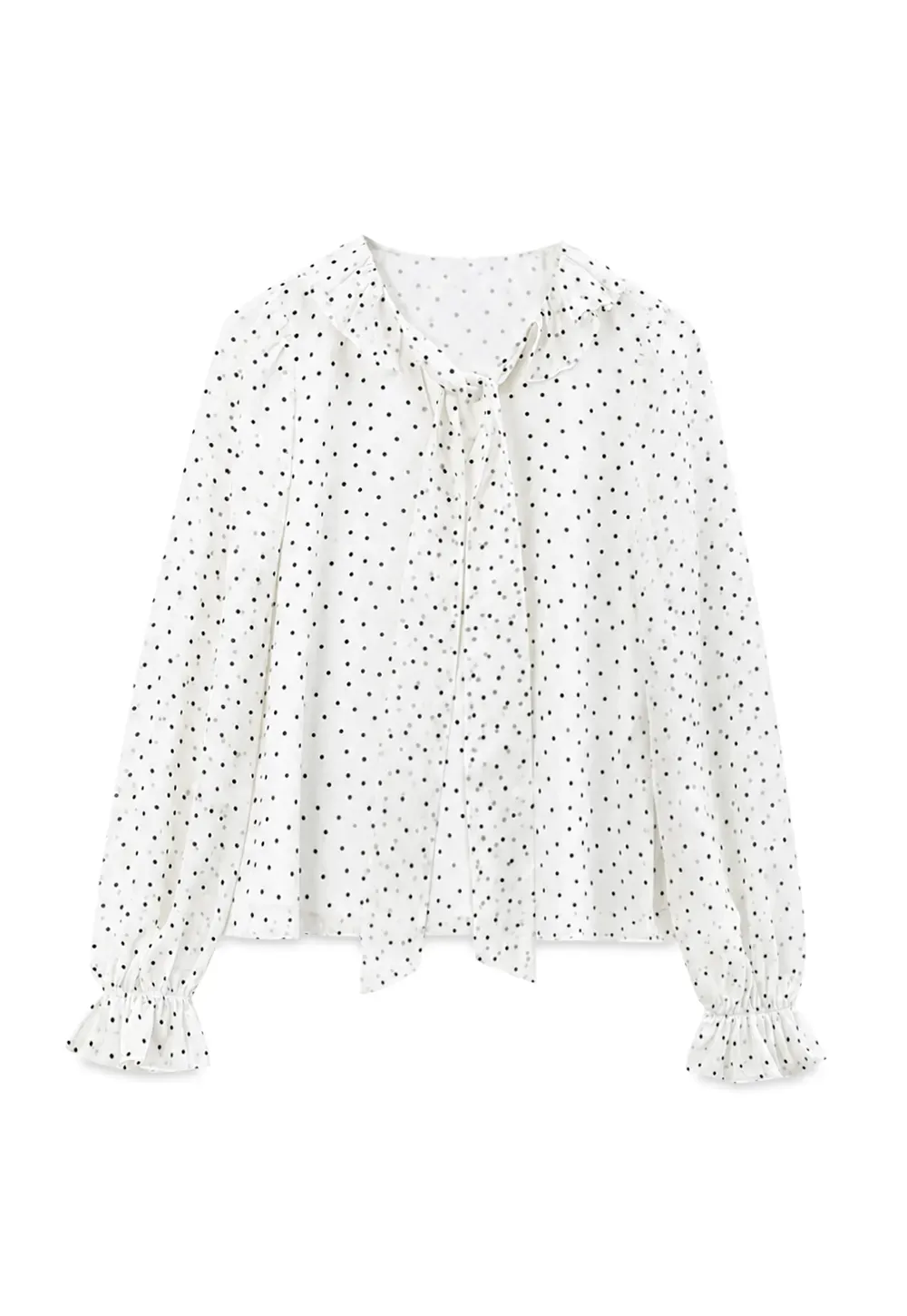 Polka Dot Sheer Blouse with Ruffled Collar and Tie Front