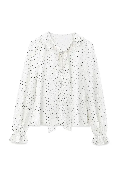 Polka Dot Sheer Blouse with Ruffled Collar and Tie Front