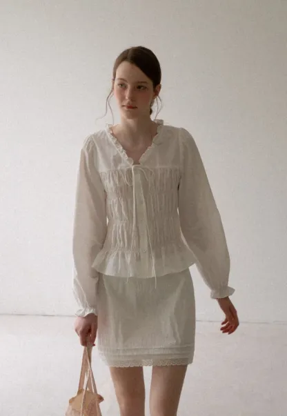 Ruffled Collar Smocked Bodice Peplum Shirt