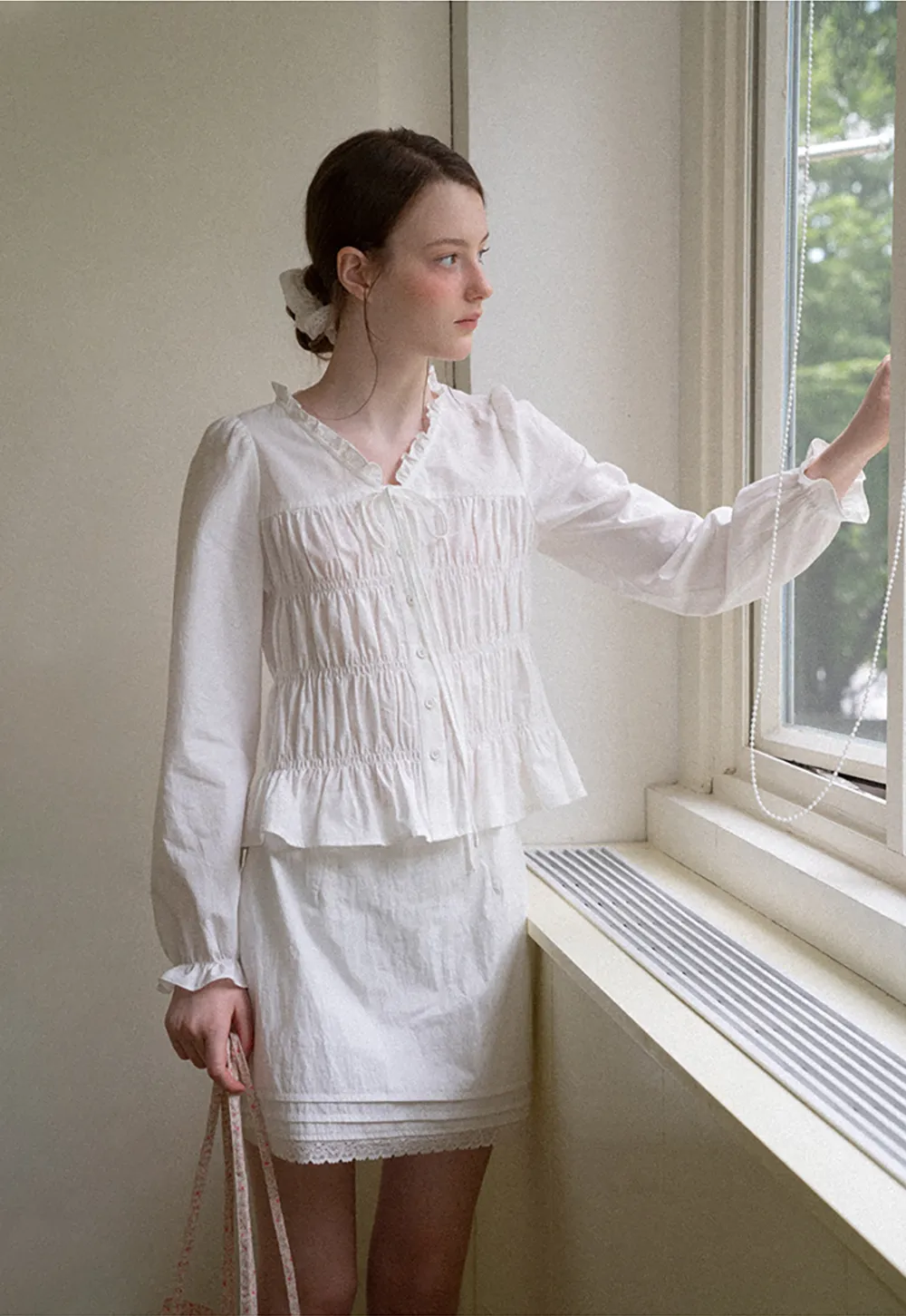 Ruffled Collar Smocked Bodice Peplum Shirt