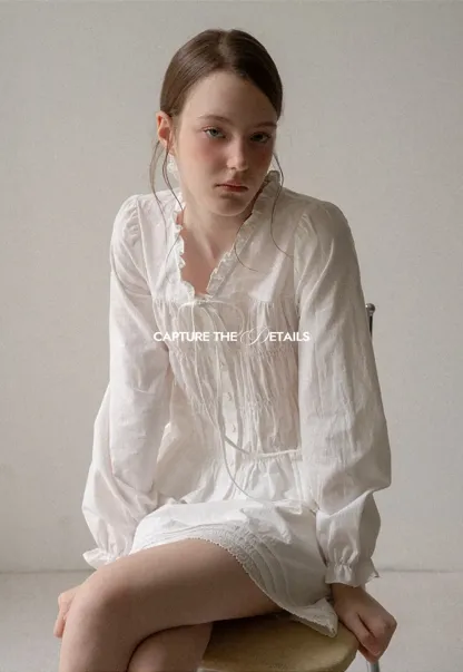 Ruffled Collar Smocked Bodice Peplum Shirt