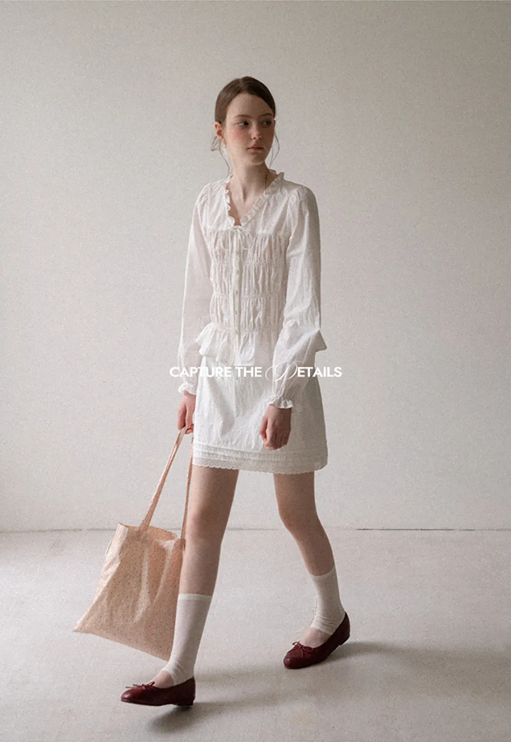 Ruffled Collar Smocked Bodice Peplum Shirt