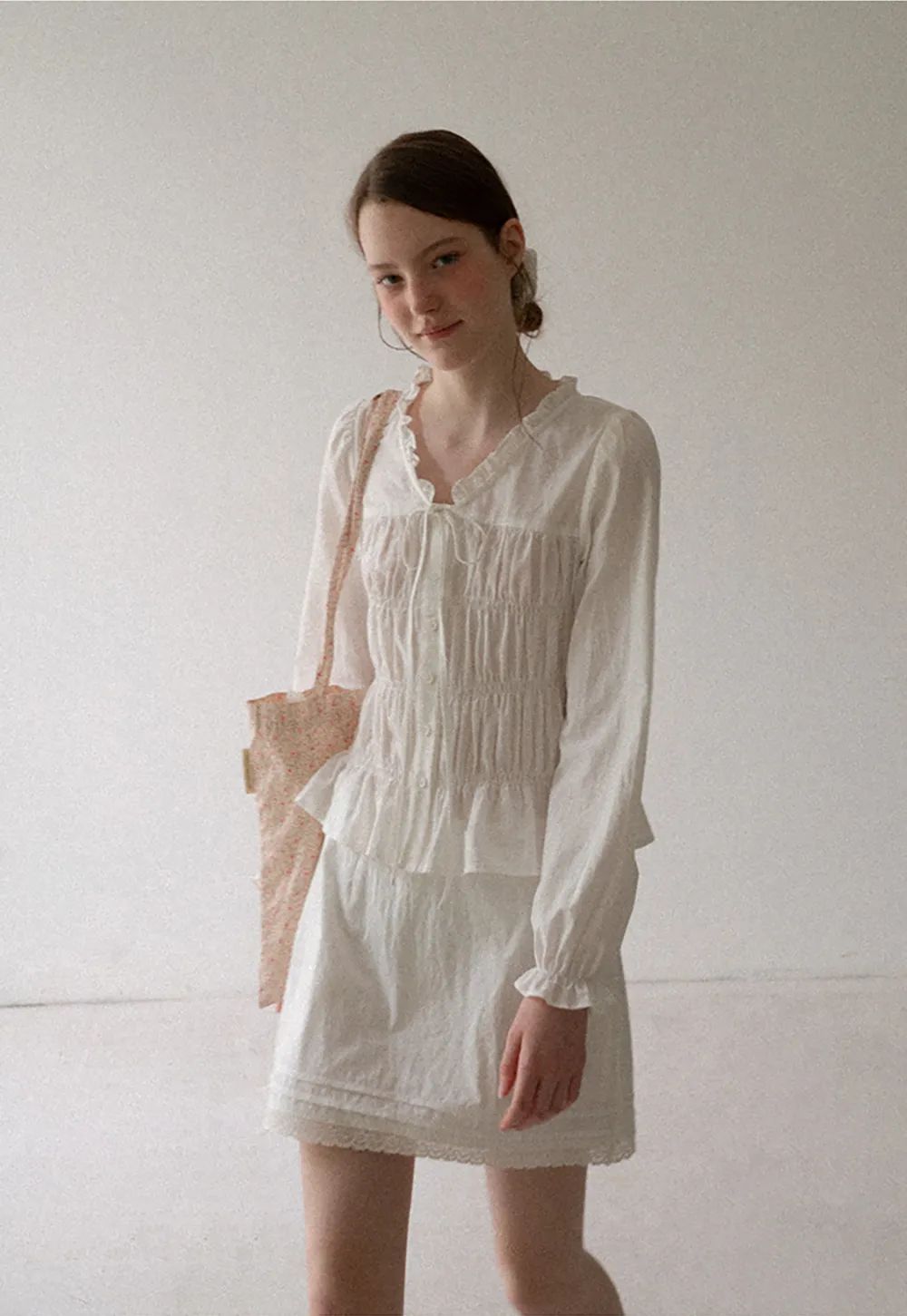 Ruffled Collar Smocked Bodice Peplum Shirt