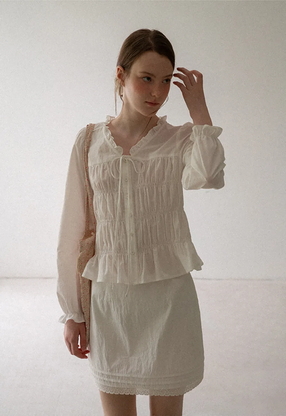 Ruffled Collar Smocked Bodice Peplum Shirt