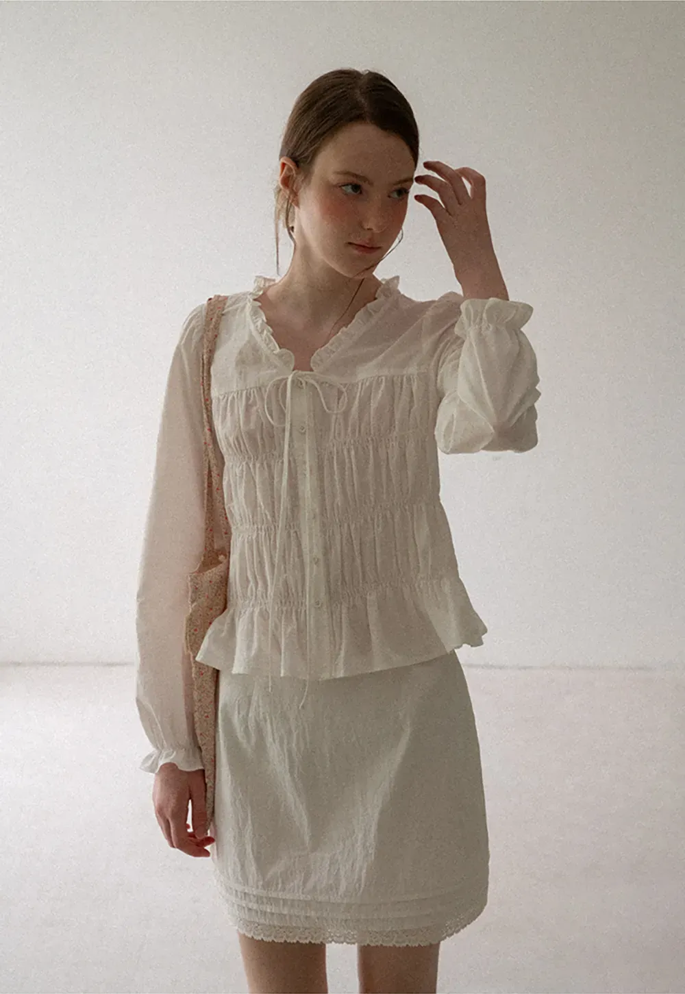Ruffled Collar Smocked Bodice Peplum Shirt