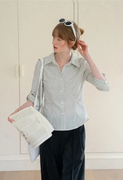 Striped Button Down Shirt with Roll Up Sleeves