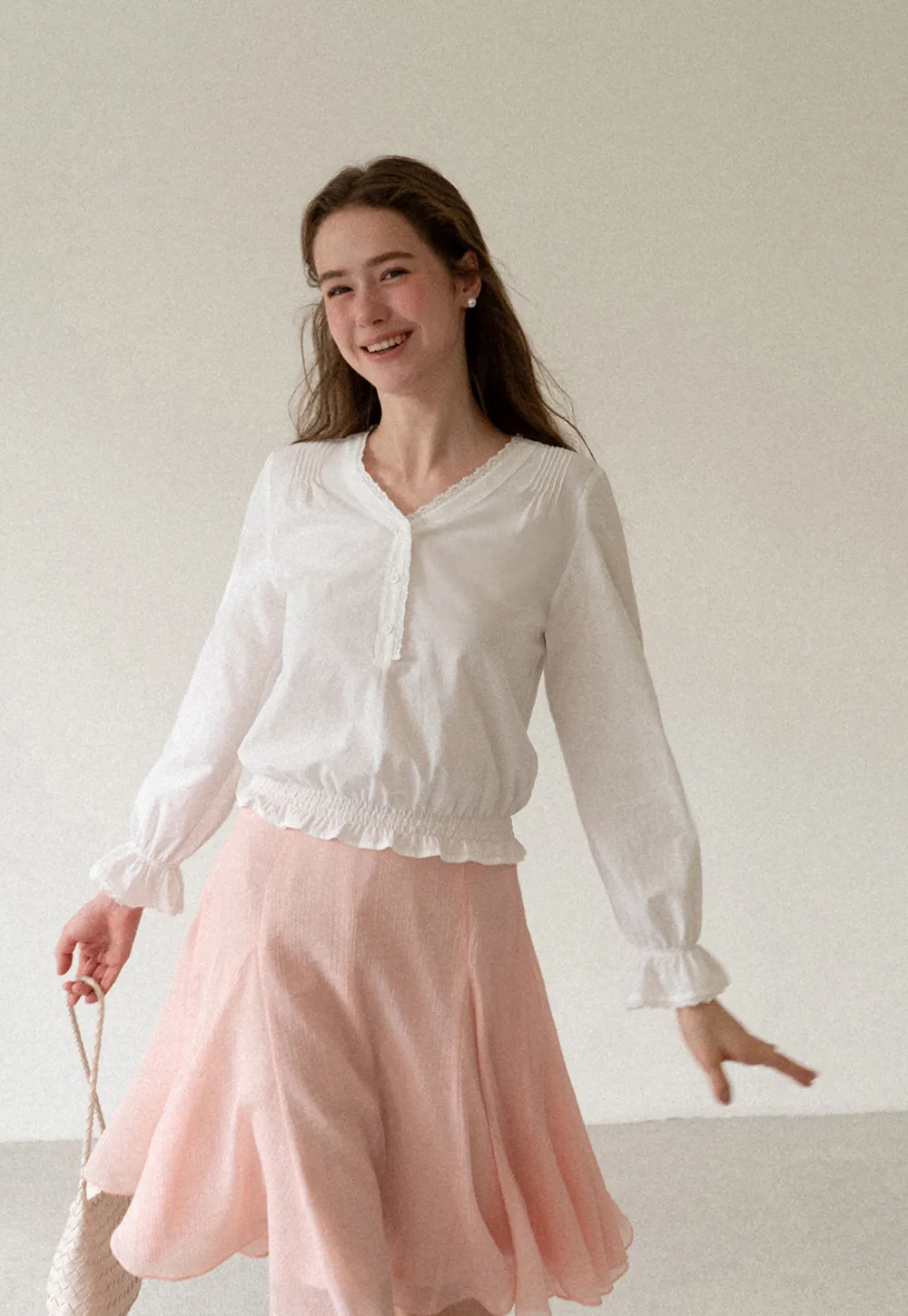 V Neck Lace Trim Smocked Waist Blouse