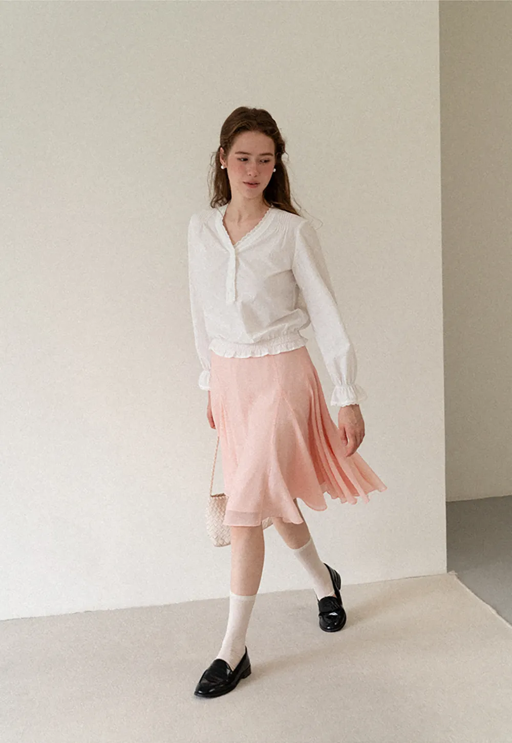 V Neck Lace Trim Smocked Waist Blouse