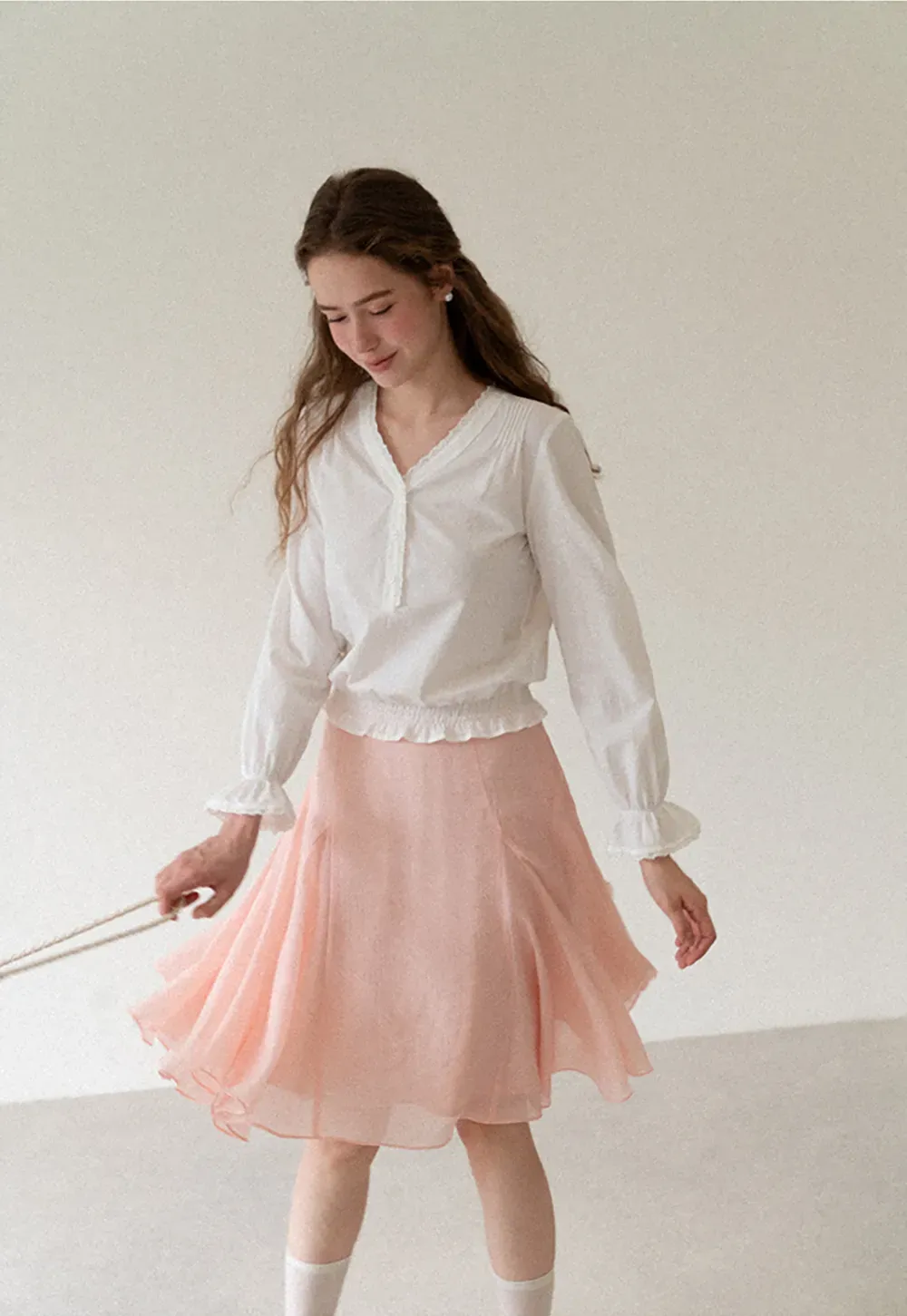 V Neck Lace Trim Smocked Waist Blouse
