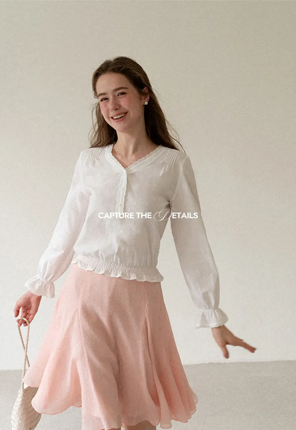 V Neck Lace Trim Smocked Waist Blouse