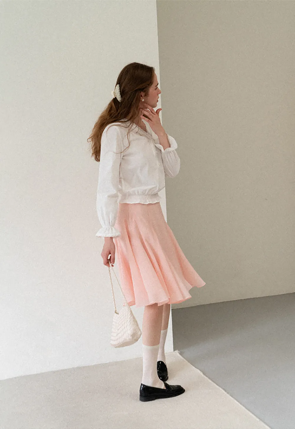 V Neck Lace Trim Smocked Waist Blouse
