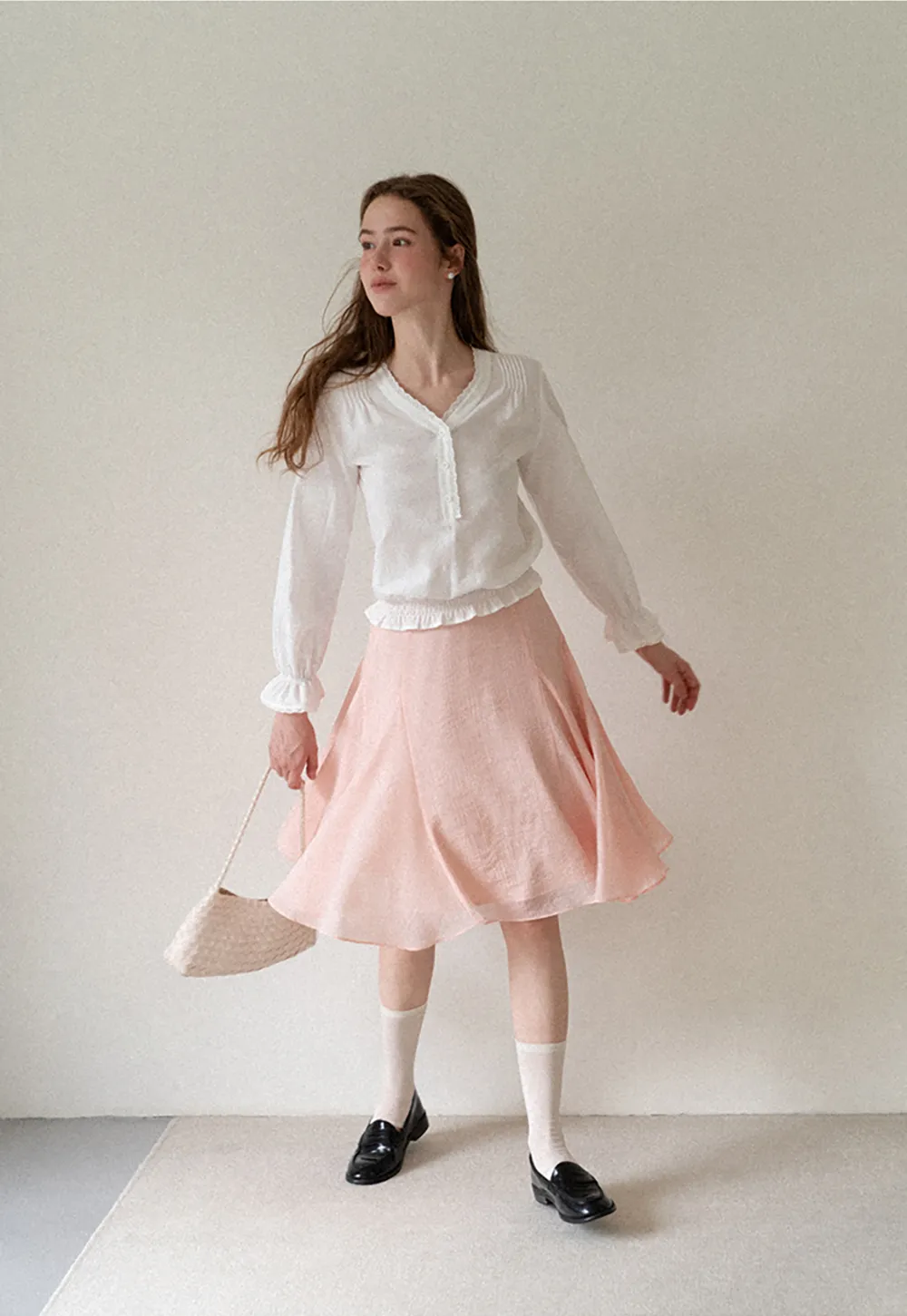V Neck Lace Trim Smocked Waist Blouse