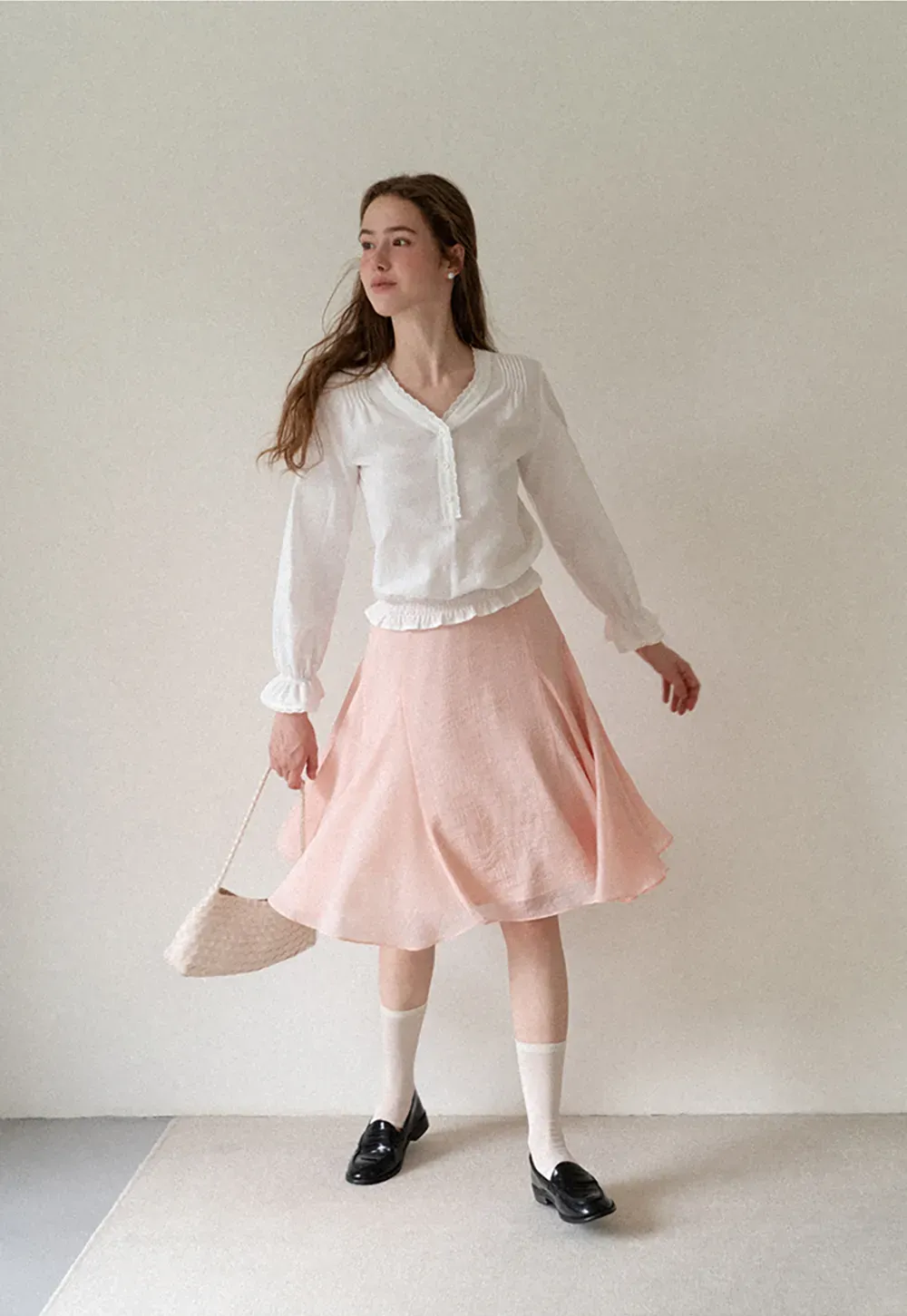 V Neck Lace Trim Smocked Waist Blouse