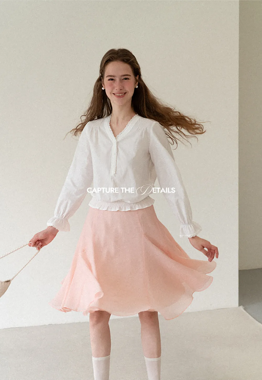 V Neck Lace Trim Smocked Waist Blouse