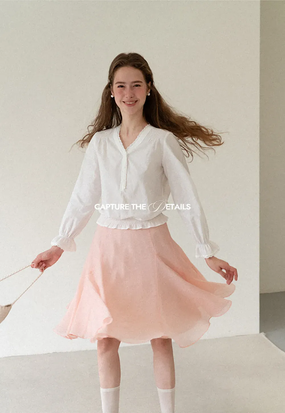 V Neck Lace Trim Smocked Waist Blouse