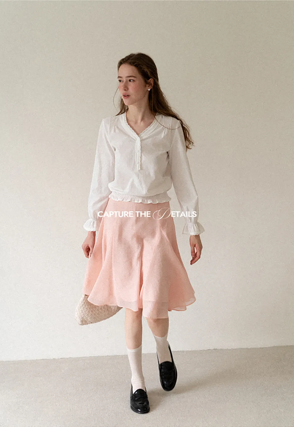 V Neck Lace Trim Smocked Waist Blouse