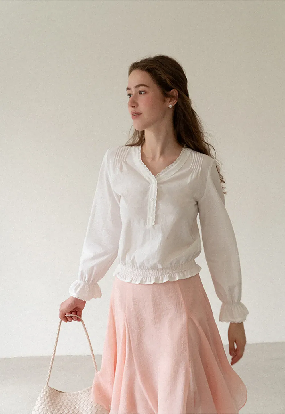 V Neck Lace Trim Smocked Waist Blouse