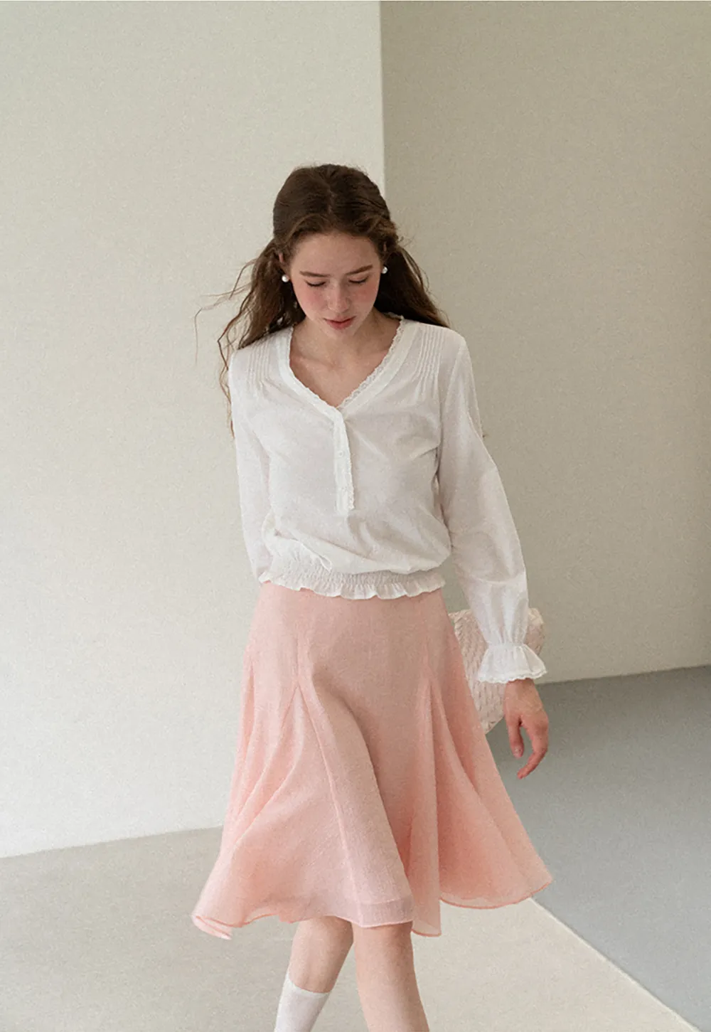 V Neck Lace Trim Smocked Waist Blouse