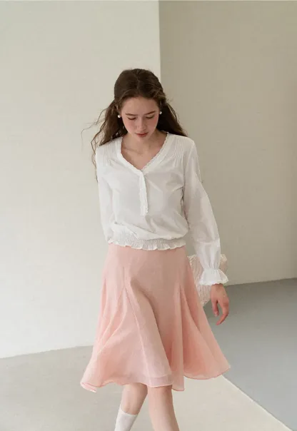 V Neck Lace Trim Smocked Waist Blouse