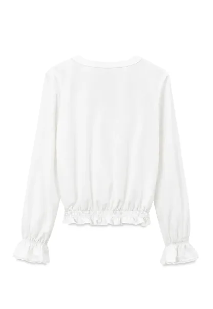 V Neck Lace Trim Smocked Waist Blouse