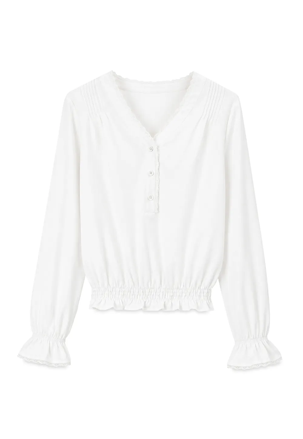 V Neck Lace Trim Smocked Waist Blouse