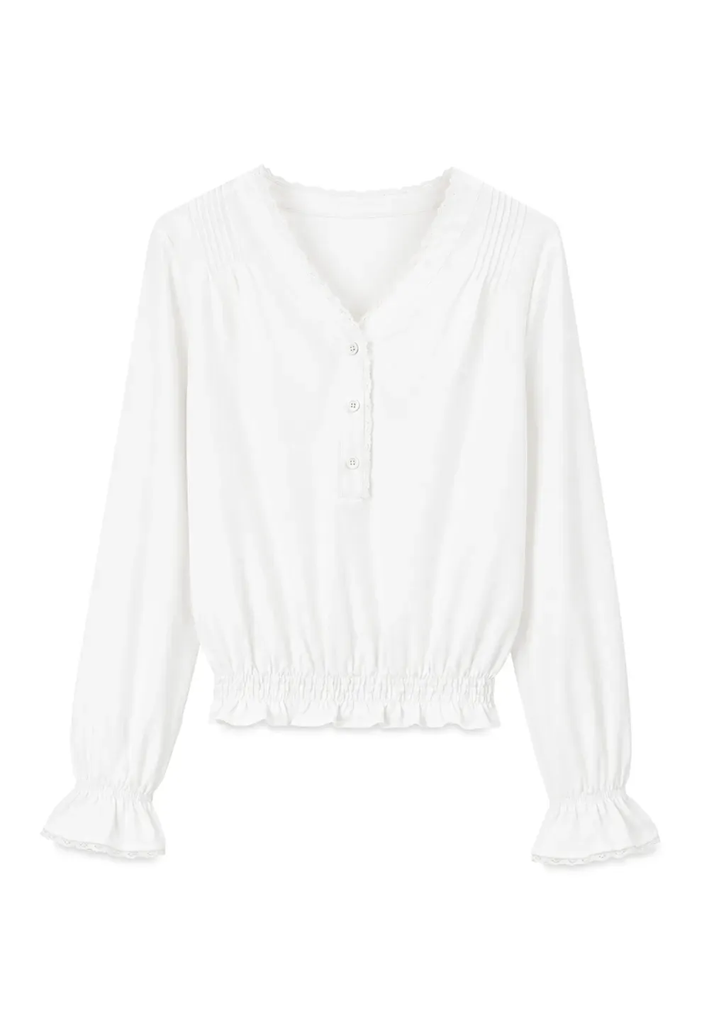 V Neck Lace Trim Smocked Waist Blouse