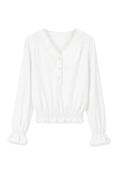 V Neck Lace Trim Smocked Waist Blouse
