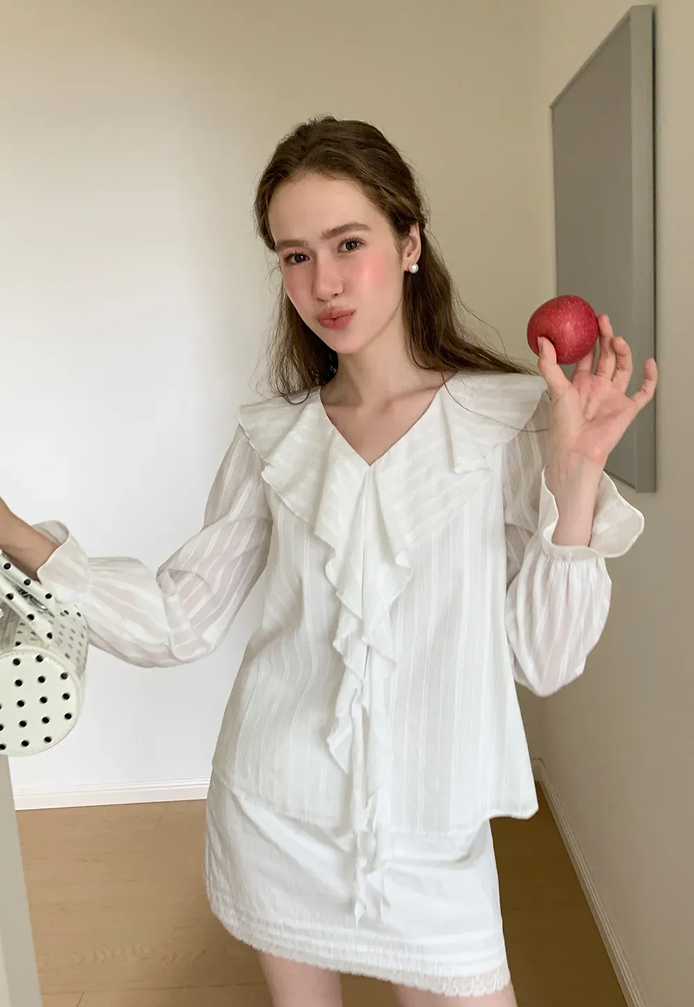 Ruffled Collar Tiered Sleeve Striped Shirt