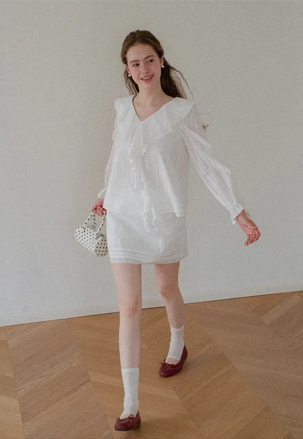 Ruffled Collar Tiered Sleeve Striped Shirt